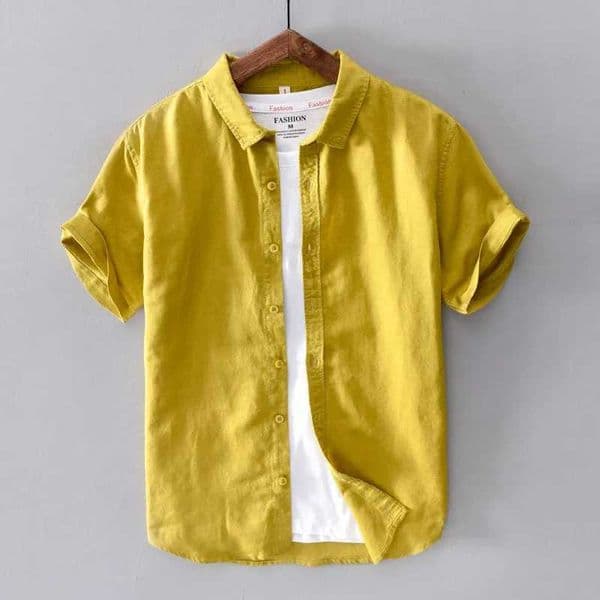 Cotton linen short sleeved mens casual fashion yellow lapel mens summer classic basic clothing X250410