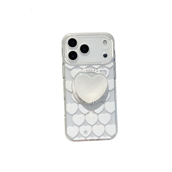 Full Screen White Heart Magnetic Phone Case Compatible with iPhone 17/16 Pro Max Transparent Cartoon iPhone 15/14 Pro
