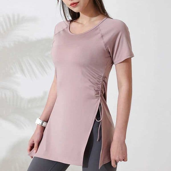 Womens sports shirt short sleeved yoga top gym long shirt side pull split sports top breathable fitness yoga suitXJ250410
