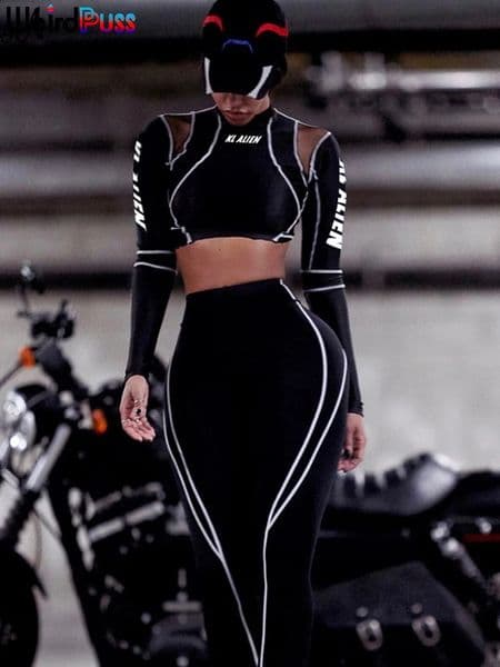 Weird Puss Womens Sportswear Letter Printing 2piece Set Fitness Full Sleeve Crop Top Elastic Leg Active Leisure Slimming 250411