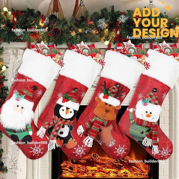 Custom Christmas 4 Pack, with Snowflake Santa Snowman Reindeer Penguin and Plush Faux Fur Cuff Stockings for Stairs Fireplace Hanging Xmas Home Decor