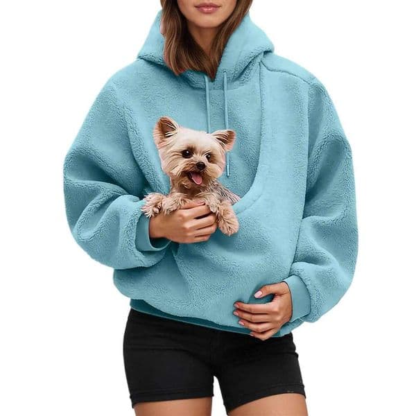 Fall/Winter Women Pocket Style Pet In One Double-Sided Plush Hoodie Loose Hooded Sweatshirt Trendy Kangaroo Bag Hoodies