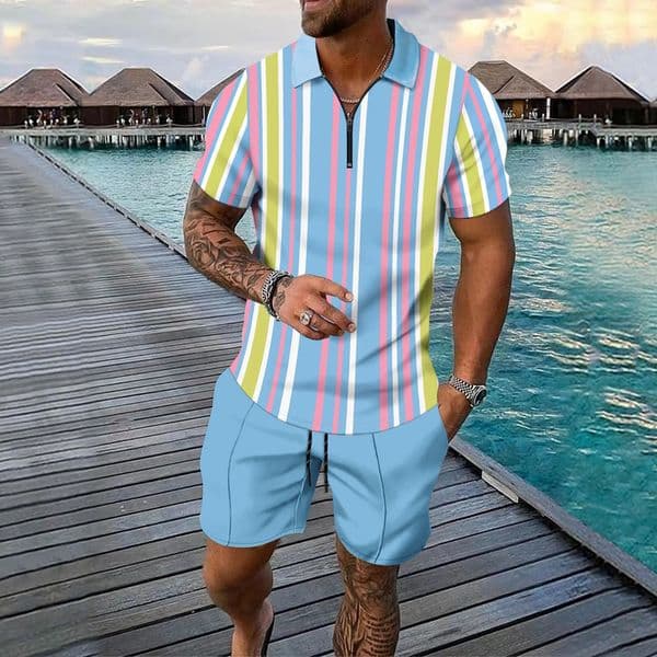 2025 summer mens striped daily casual short-sleeved shorts two-piece sports casual mens suit 250407