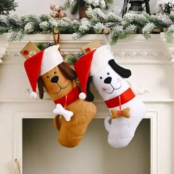Stocking Embroidered Christmas Dog With Santa Hat Pattern Xmas Tree Hanging Pendant Ornament Gift Bag