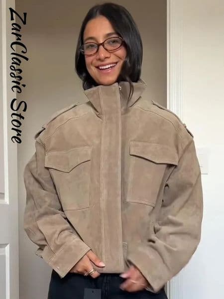 Vintage Womens Suede Bomber Jacket Loose Stand Collar Zipper Pockets Long Sleeve Female Coat 2025 Autumn Lady Casual Streetwear 251105