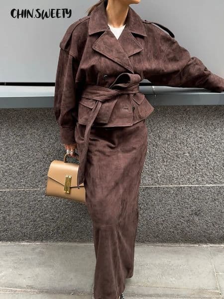 Elegant Womens Suede Jackets Skirts Suit Lace Up Lapel Solid Lady Sets 2025 Autumn Winter Fashion 2 Pieces Set Women Outfits 251105