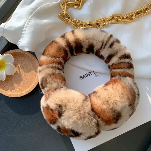 Leopard Winter Earmuffs Ear Muffs for Women Winter Ear Warmers Soft Warm Cable Furry Real Rex Rabbit Ear Covers for Cold Weather 251110BJ