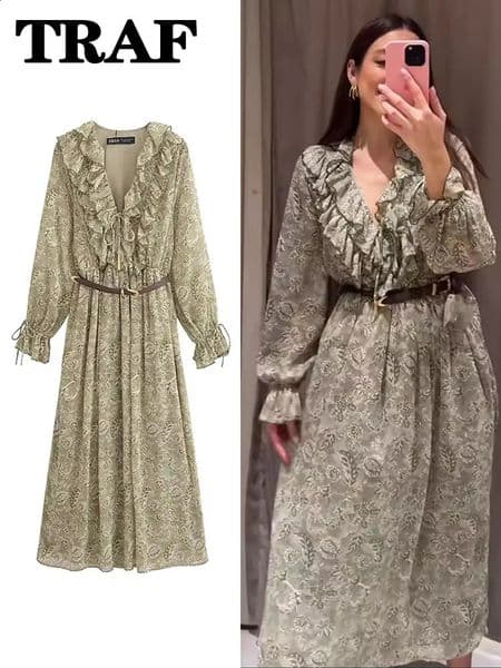 TRAF Ruffle Printed Long Sleeve Midi Womens Spring Vneck Elegant Vacation Style Dress 250411
