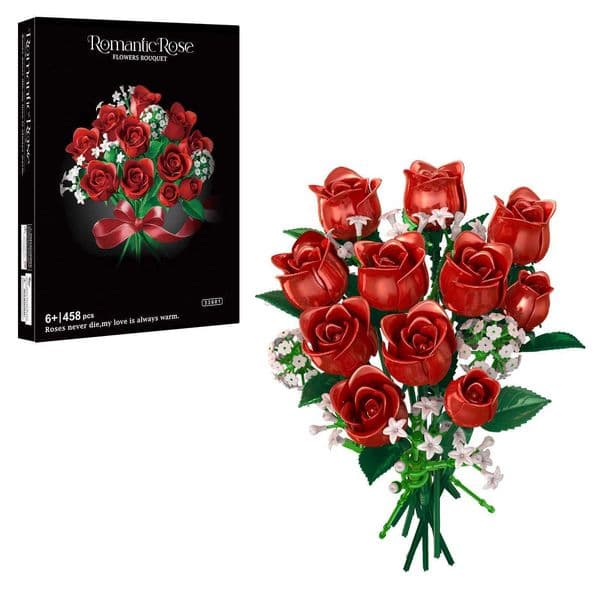 DIY Creative Building Blocks Assembly Series Red Rose Simation Flower Bouquets Models Gifts Childrens Holiday Bricks Toys C2511100