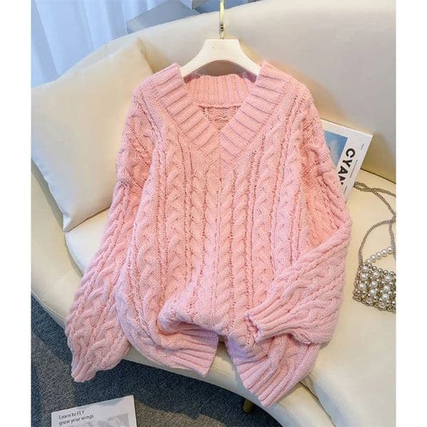 MEXZT Harajuku Sweater Women Fashion Oversized Pink V Neck Knitted Pullovers Korean Long Sleeve Knitwear Winter Casual Jumpers 251111