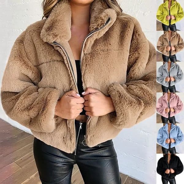 2025 Winter Womens Warm Jacket Zipper Cardigan Faux Fur Fashion Long Sleeve Stand Collar Plush Coat for Female 251103