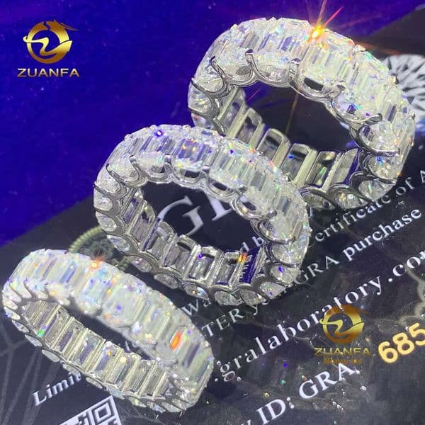 Wholesale Sier Gold Plated Women EMERALD Cut Jewelry Eternity Dia Band Engagement Rings Moissanite