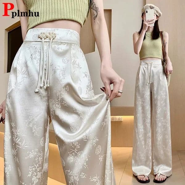 Womens satin veneer loose straight pants for spring and autumn casual high waisted Pantalones solid streetwear retro wide leg Spodnie 250411