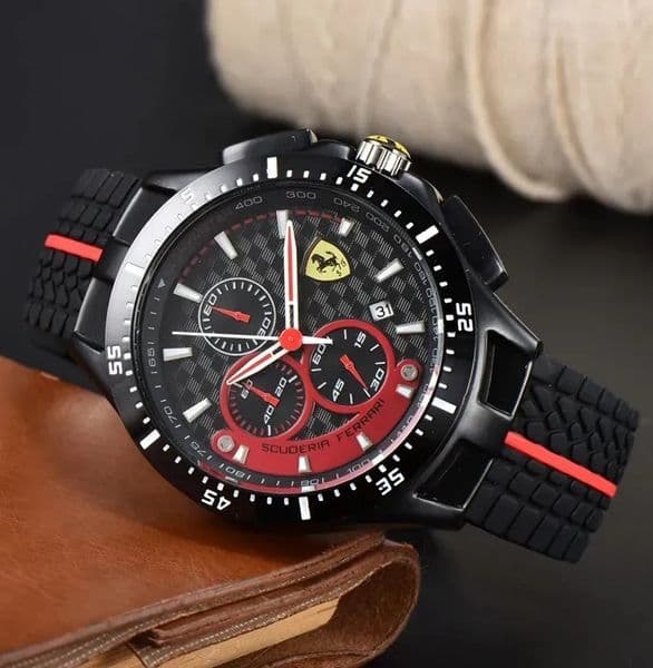 High quality calendar WristWatches Men Mens Watches Six stitches All dial work Quartz Watch Ferrar Luxury Chronograph clock Rubber Belt fashion F1 racing car AA