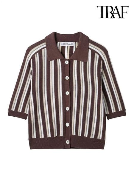 TRAF Womens Fashion Simple Slouchy Crash Color Stripe Short Sleeve Single Breasted Knit Polo Top Casual Everyday Versatile Top 250411
