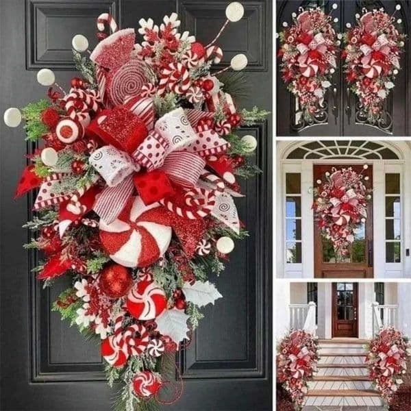 Christmas Candy Cane Swag Door Hanging 50cm Upside Down Tree Pendant Handmade Festival Theme for Wall Door Home Decoration T251111