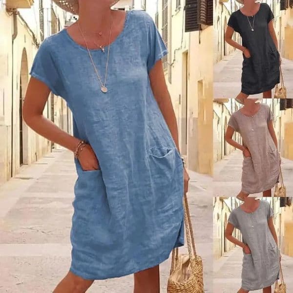 Plus Size 3XL Women Dress Casual Solid Color Short Sleeve Round Neck Pockets Loose Cotton Linen Dress Female Summer Robe 250411