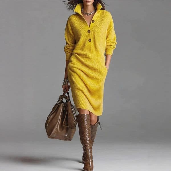 Fall Winter Sweater Dress Women Fashion Solid Color Slim Long Sleeve Midi Dresses Elegant 251111