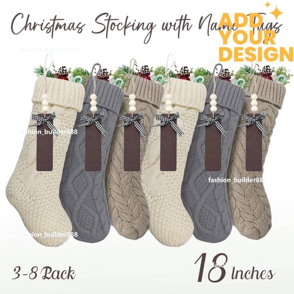 Custom3-8Pack 18In Christmas Stockings with Name Tags Rustic Cable Knitted Stocking Decorations for Xmas Family Holiday Party Decor