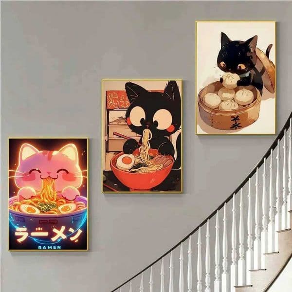 Vintage Japanese Cat Eat Ramen Sushi ki Neko Anime Posters Sticky HD Quality Wall Art Retro Posters He Kawaii Ro Decor H251112