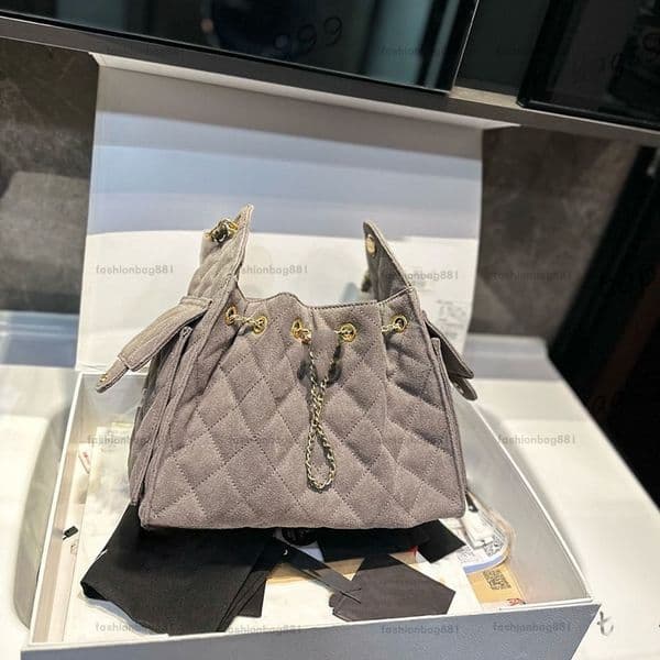 Mini Hobo Shopping Bag Vintage Suede Leather Shoulder Gold Hardware Metal Buckle Matelasse Chain Drawstring Bucket Tote Cosmetic Bags Travel Sacoche 25cm