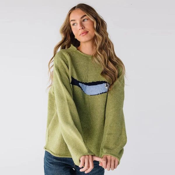 Cute Cartoon Fish Pattern Knitted Sweater Round Neck Soft Casual Trendy Retro Top 2025 Autumn Winter Women Interior Clothing 251112