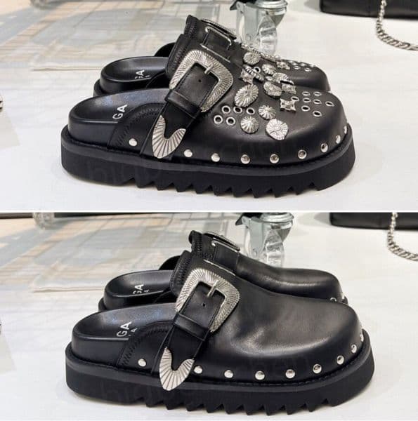 2026 Designer Womens Toga Fashion Luxury Thick Bottom with Buckles Rivets Metal Pieces Punk Wind Black Flat Sandals Serrated Casual Wrap Head Half Slippers PMQQ
