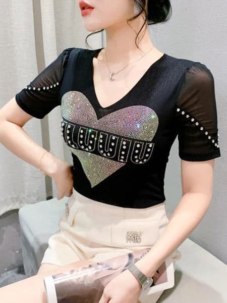 Wxw5748 yellow pink black short sleeved Tshirt for women Vneck diamond sexy tight fitting splicing party 250407