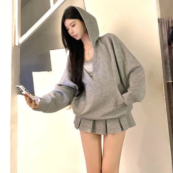 Casual Hooded Pullover Top Women Y2K V-neck Hoodies Solid Harajuku Long Sleeve Hoodie Oversized Tops Female Loose Clothing 251112
