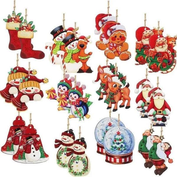 Christmas 24pcs Wood Decor Farmhouse Style Hanging Wooden Ornaments Tree Vintage Santa ddmytues