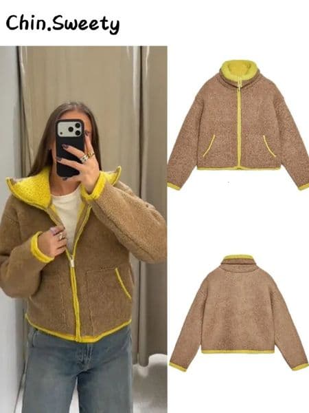 Casual Womens Contrast Color Knitted Coats Stand Collar Full Sleeve Zipper Pockets Jacket 2025 Autumn Winter Lady Warm Outwear 251112