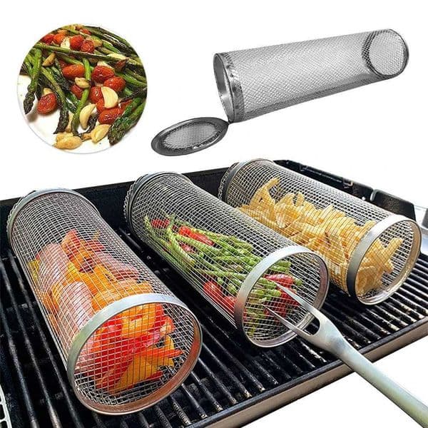 Circular barbecue basket stainless steel rolling grill basket wire mesh tube grill basket portable outdoor camping barbecue grill M250412