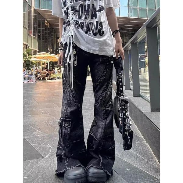 Womens Y2k Baggy Flare Jeans Harajuku Japanese 2000s Style Patchwork Denim Trouser Vintage Oversize Cargo Jeans Pants Clothes 251112