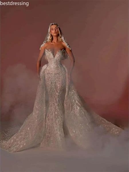 Luxury Mermaid Wedding Dresses Beading Crystal Sequins Strapless Bride Gown Lace Detachable Sweep Train Bridal Dresses Customized 1112
