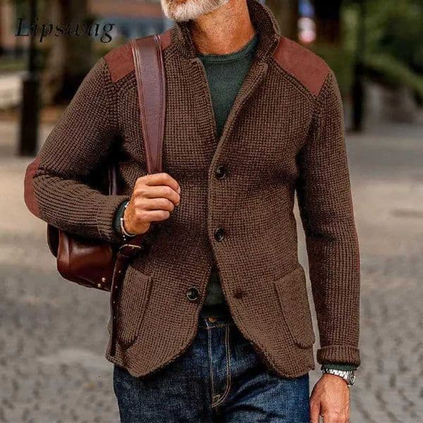 Vintage Patchwork Stand Collar Knitted Jackets Men Spring Casual Button Sweater Cardigan Mens Fashion Slim Knitting SweatercoatsXJ251112