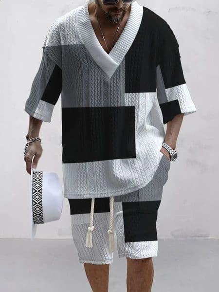 Summer Mens Set Casual Fashion 3D Plaid Mens Clothing Loose Plus Size V-neck T-shirt Shorts 2-piece Set 250409BJ