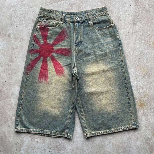 American Retro Fashion Printing Washed Loose Denim Shorts Men's Y2k New Haruku Hip Hop Gothic Casual Joker Couple Street Wear