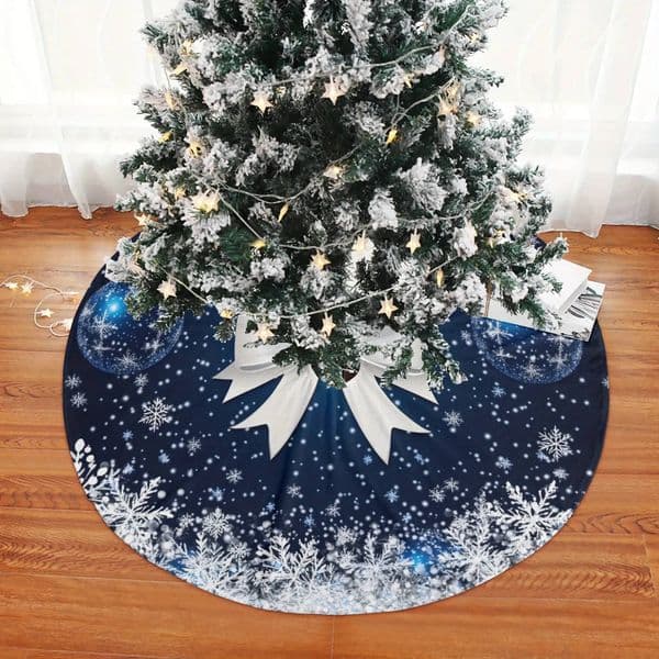 Christmas VIKAMA White Bow Snowflake Blue Tree Skirt, Suitable for Festive Season Home and Office Party Decorations ddmytues