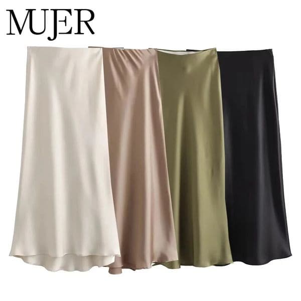 MUJER Woman Satin Skirt Women High Waist Long Skirts For Summer Black Midi Office Elegant Womens 251107