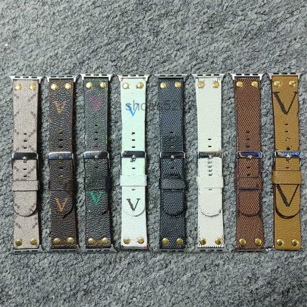 Smart Straps designer Apple Watch Band 44 45 49 42 40 41 38 mm Luxury Leather Watchbands for iWatch Rivet Buckle Brown Flower 7 6 se 8 9 ultra Bands Bracelet