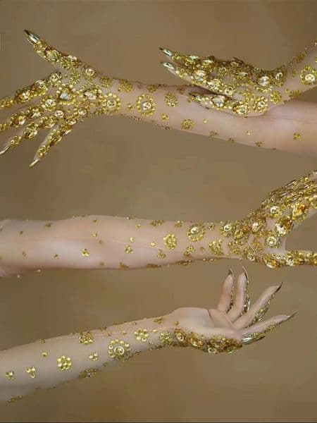 Sexy Gold Rhinestones Mesh Long Gloves Women Dancer Singer Nightclub Stage Party Show Accessories Sparkly Decoration 250408
