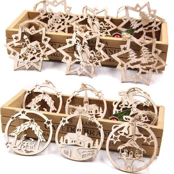 Christmas 9Pcs Wooden Pendants Hollowed Bell/Star/Ball Hanging Ornaments Naviada Home Party Tree Decor DIY Painting Noel Gift ddmytues