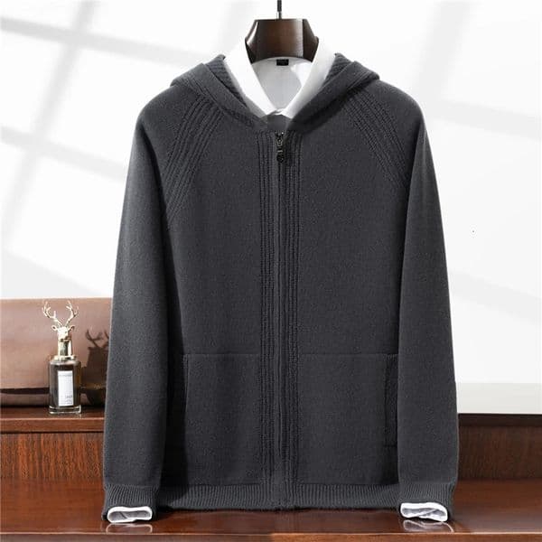 Autumn Winter 100 Pure Wool Cardigan Men Hooded Thickened Pocket Sweater Loose Knitted Hoodie Cashmere Coat 251030