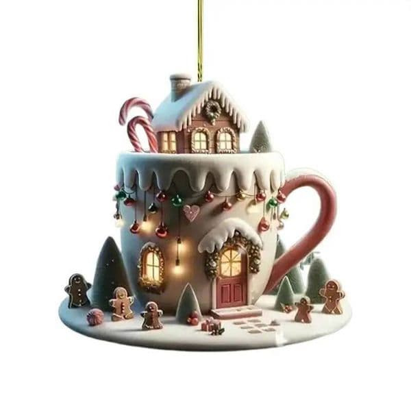Christmas Coffee Cup Ornaments Snow Houses Chocolate Mug Pendant 8cm/3.14inch tree pendant decoration ddmytues