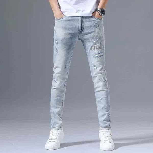 New trend luxury washed ultra-thin mens jeans tear crown rhinestone fashionable and comfortable design boyfriend casual blue jeans W250412