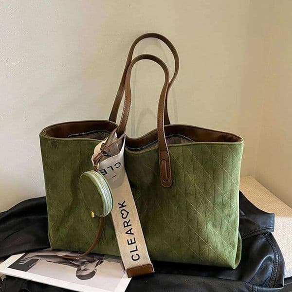 Women Large Capacity Totes 2025 New Retro Frosted Suede Leather Plaid Shoulder Bags Versatile Casual Travel Commuter Tote Bag