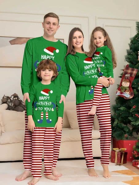 Christmas Family Sleepwear Set Elf Happy HoHoHo to You Green Top Red White Striped Pajamas for All Family Members T251112