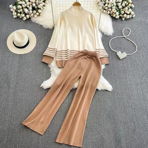 Casual Knitted Loose Long Sleeved Contrasting Top High Waist Slimming Wide Leg Pants Women Suit Autumn Winter In Sets 251111