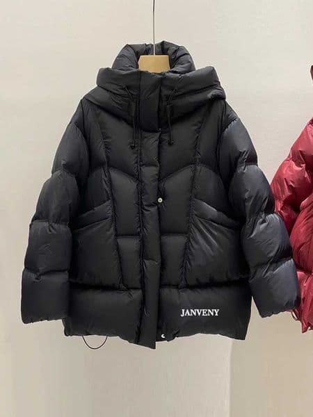 Janveny 2025 New Winter Thickened Puffer Down Jacket Women Warm Hooded Medium Length Loose Solid Color 90 White Duck Down Coat Z251106