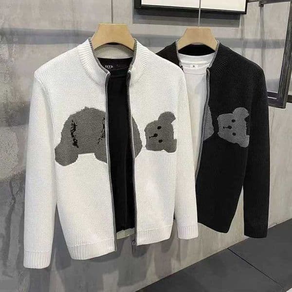 Autumn Winter Mens Sweater Coat Bear Print Wool Sweater Jackets Men Zipper Casual Knitted Thick Cardigan CoatXJ251112